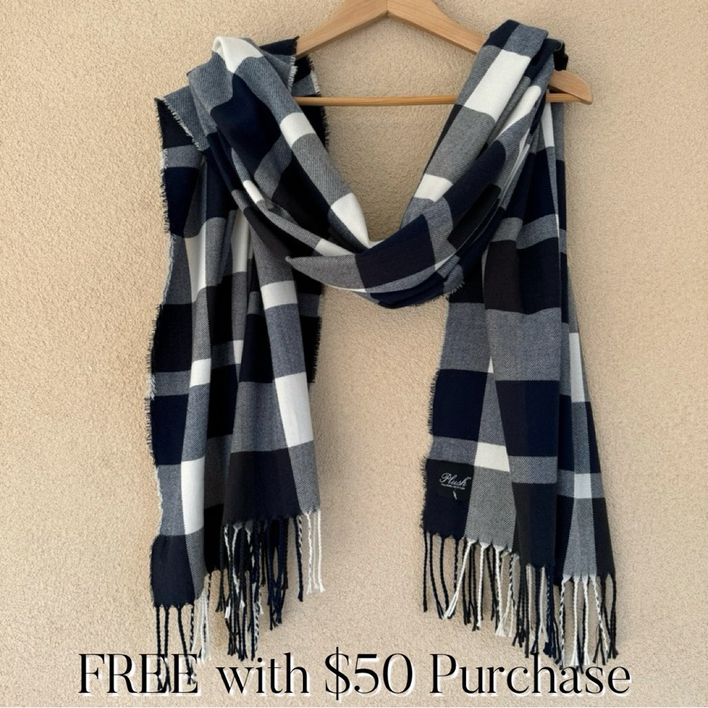 Plush Apparel Ultra Soft Plaid Scarf, navy/charcoal/white with fringe